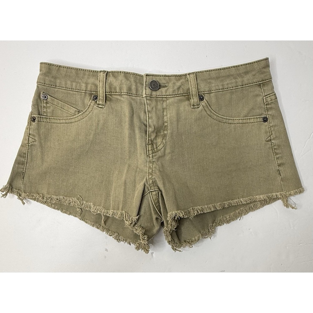 Volcom Jean Yae Cut Off Short Women Sz 5 Waist 27 Khaki Frayed Hem‎ Low Rise New